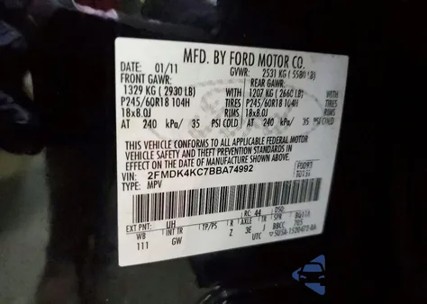 2011 Ford Edge Limited from USA, damaged, VIN 2FMDK4KC7BBA74992